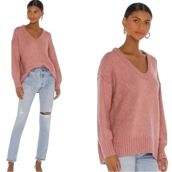 Free People Womens Brookside Sweater Oversized Tunic V-Neck Alpine Rose  Size S - Picture 1 of 8